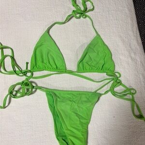 Frankie's Bikinis Neon Green Ribbed Triangle String Bikini (Medium & Large)
